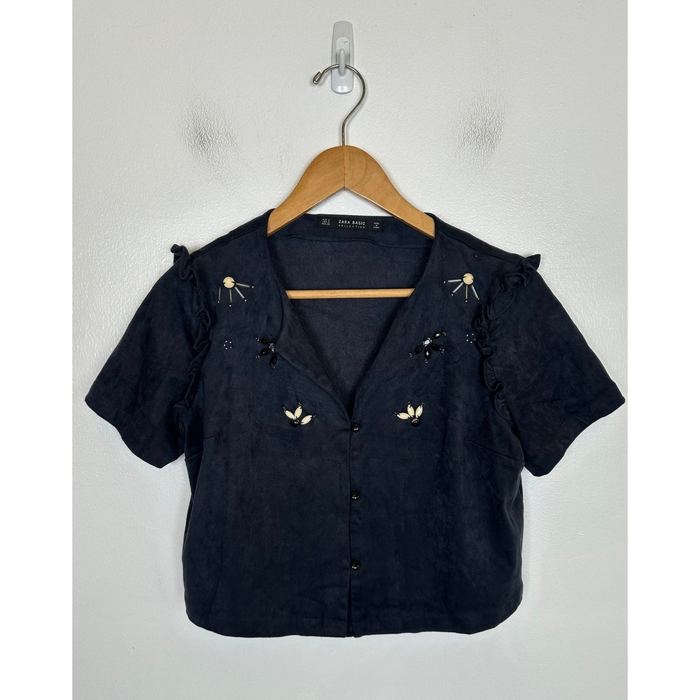 Zara Basic Faux Suede Beaded Ruffle Crop Top Sz S Blue Cowgirl Festival Stretch